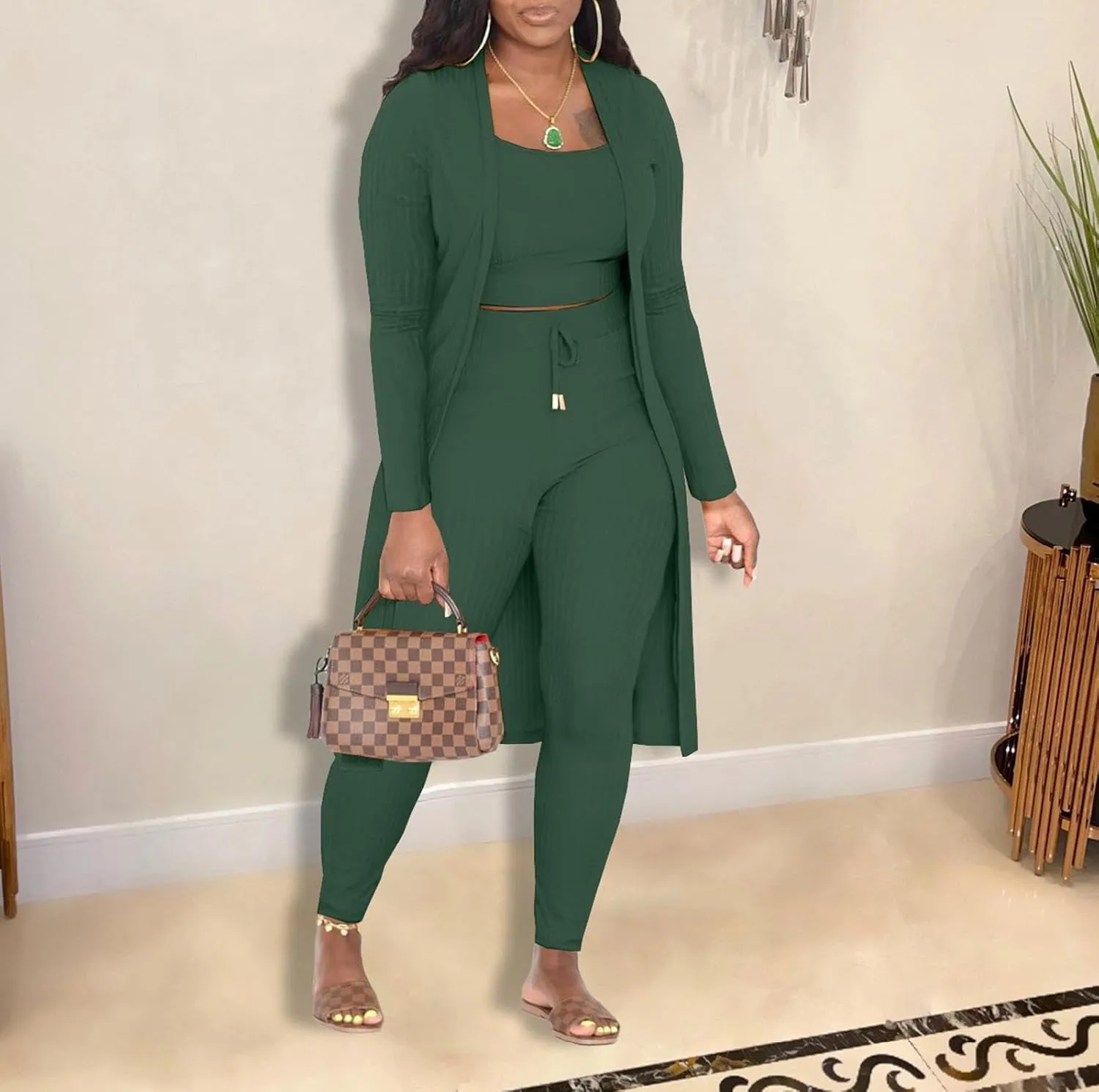 CROSTRITON Womens 3 Piece Outfits Ribbed Long Sleeve Cardigan Cover Up Crop Top Pants Tracksuits Set