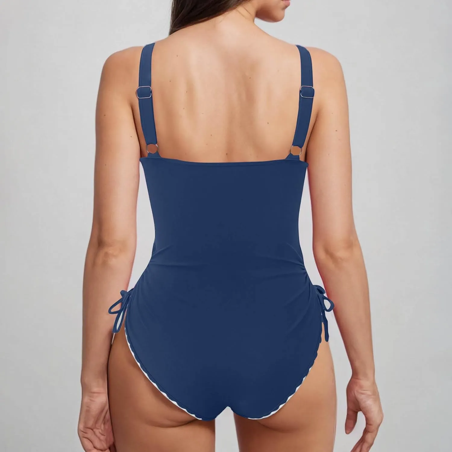 Cute Bathing Suits for Women Adjustable Strap V Neck One Piece Backless Swimwear Ruched Tummy Control Tie Swimsuits