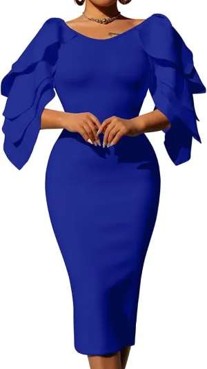 DAAWENXI Women's Elegant Ruffle Off The Shoulder Zipper Empire Midi Cocktail Dress