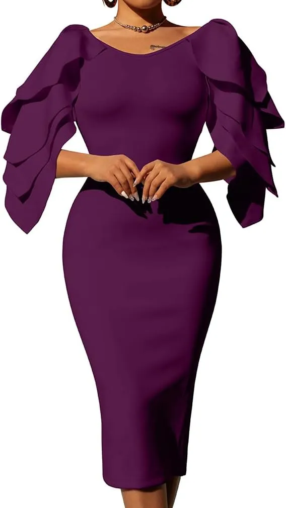 DAAWENXI Women's Elegant Ruffle Off The Shoulder Zipper Empire Midi Cocktail Dress