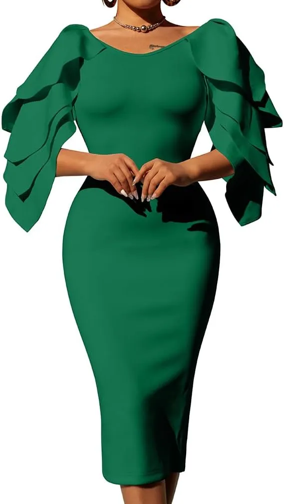 DAAWENXI Women's Elegant Ruffle Off The Shoulder Zipper Empire Midi Cocktail Dress