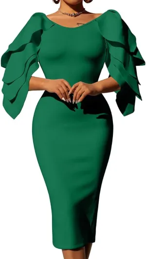 DAAWENXI Women's Elegant Ruffle Off The Shoulder Zipper Empire Midi Cocktail Dress