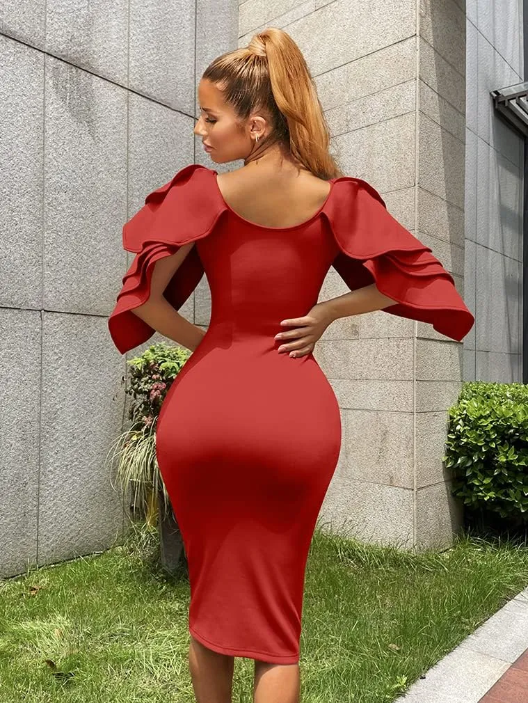 DAAWENXI Women's Elegant Ruffle Off The Shoulder Zipper Empire Midi Cocktail Dress