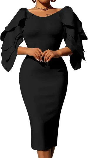 DAAWENXI Women's Elegant Ruffle Off The Shoulder Zipper Empire Midi Cocktail Dress