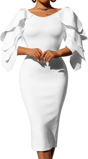 DAAWENXI Women's Elegant Ruffle Off The Shoulder Zipper Empire Midi Cocktail Dress