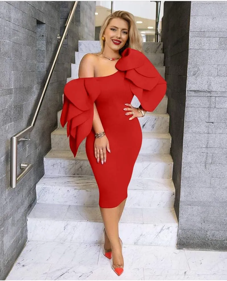DAAWENXI Women's Elegant Ruffle Off The Shoulder Zipper Empire Midi Cocktail Dress