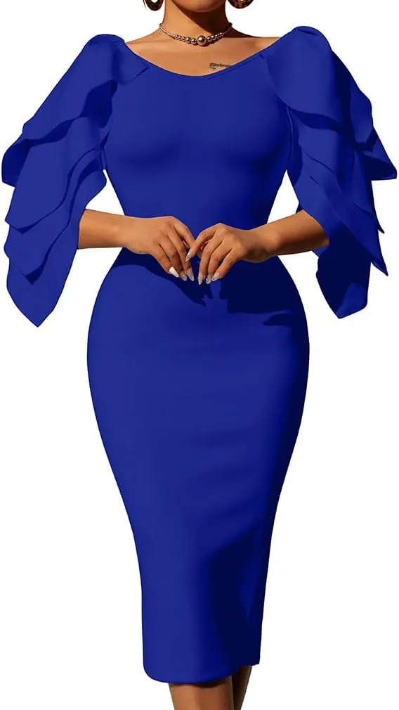 DAAWENXI Women's Elegant Ruffle Off The Shoulder Zipper Empire Midi Cocktail Dress