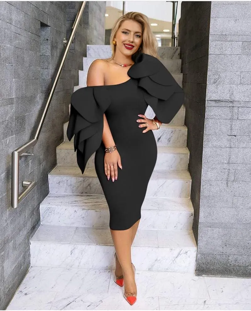 DAAWENXI Women's Elegant Ruffle Off The Shoulder Zipper Empire Midi Cocktail Dress