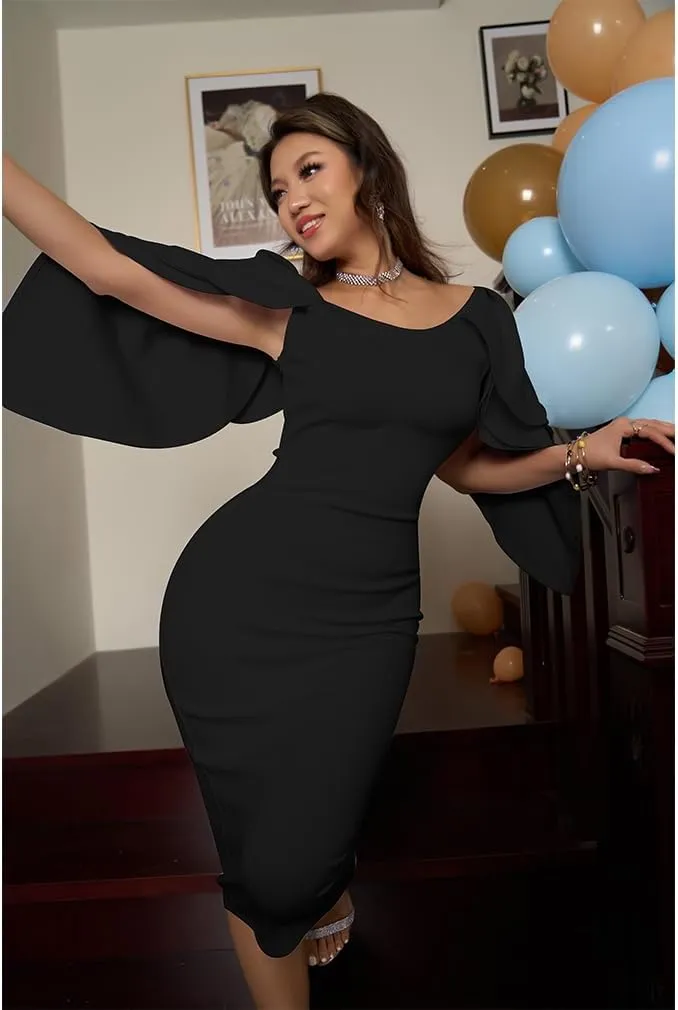 DAAWENXI Women's Elegant Ruffle Off The Shoulder Zipper Empire Midi Cocktail Dress