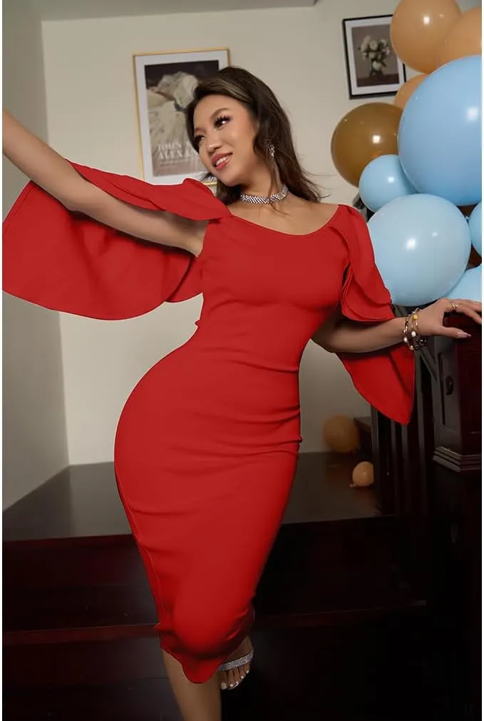 DAAWENXI Women's Elegant Ruffle Off The Shoulder Zipper Empire Midi Cocktail Dress
