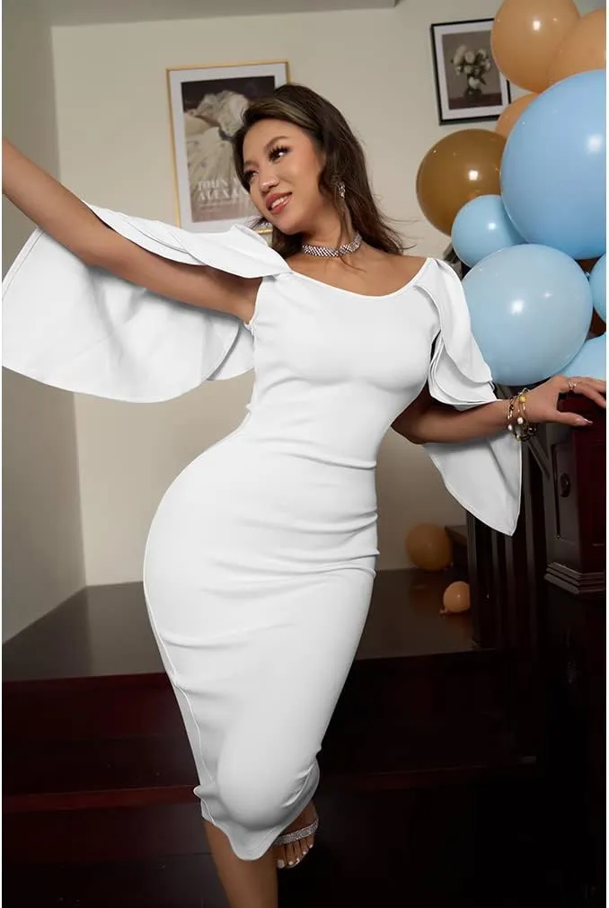 DAAWENXI Women's Elegant Ruffle Off The Shoulder Zipper Empire Midi Cocktail Dress