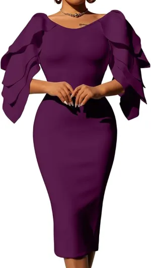 DAAWENXI Women's Elegant Ruffle Off The Shoulder Zipper Empire Midi Cocktail Dress
