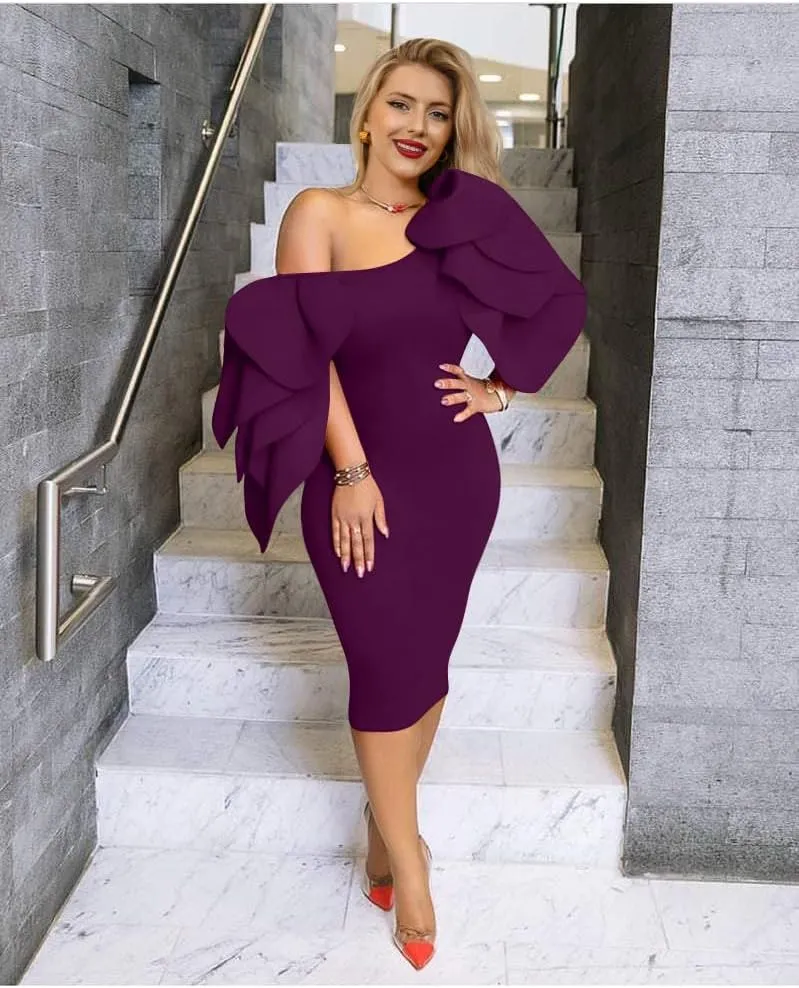 DAAWENXI Women's Elegant Ruffle Off The Shoulder Zipper Empire Midi Cocktail Dress
