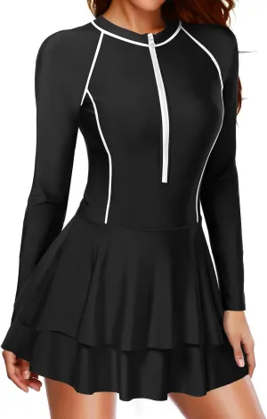 Daci Women Long Sleeve One Piece Rash Guard Modest Swimsuits Dress Zipper Bathing Suit Skirt with Short UPF 50 