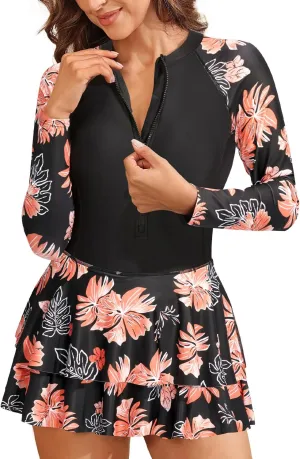 Daci Women Long Sleeve One Piece Rash Guard Modest Swimsuits Dress Zipper Bathing Suit Skirt with Short UPF 50 