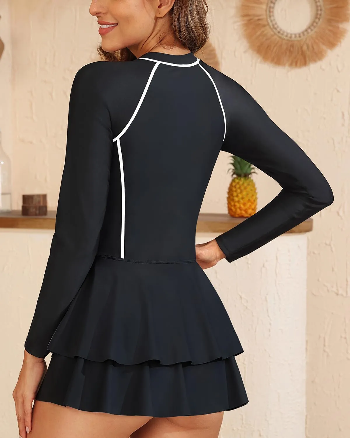 Daci Women Long Sleeve One Piece Rash Guard Modest Swimsuits Dress Zipper Bathing Suit Skirt with Short UPF 50 