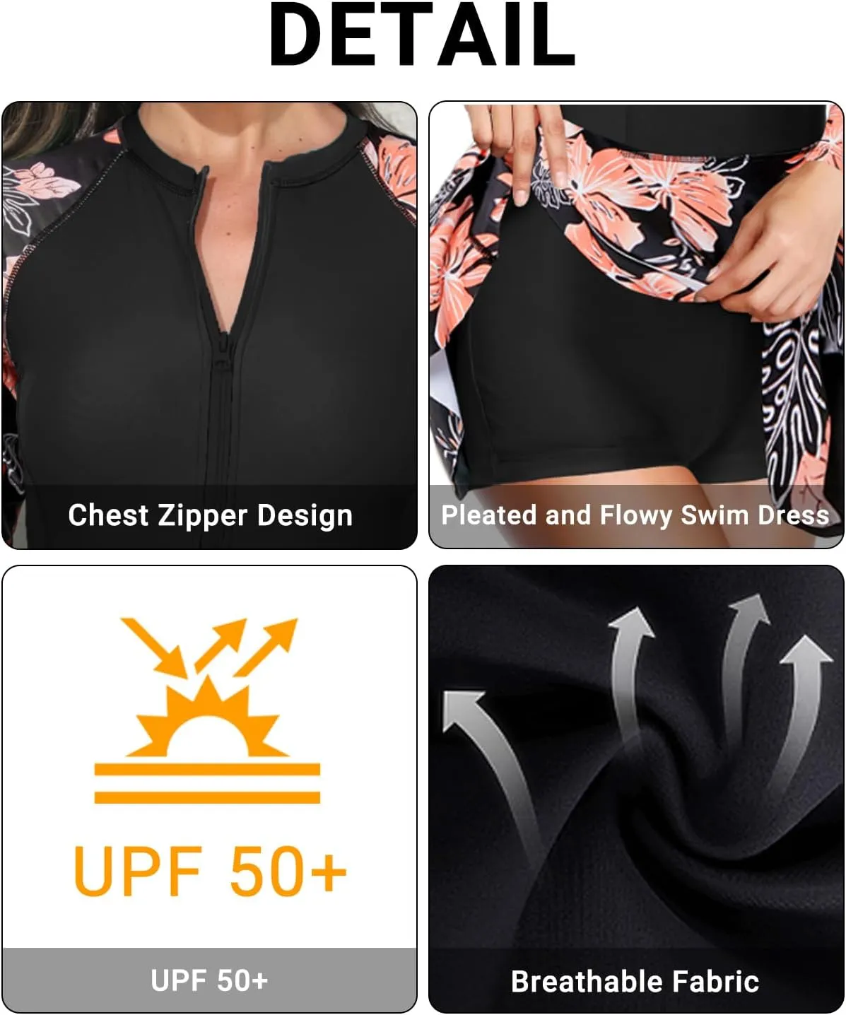 Daci Women Long Sleeve One Piece Rash Guard Modest Swimsuits Dress Zipper Bathing Suit Skirt with Short UPF 50 