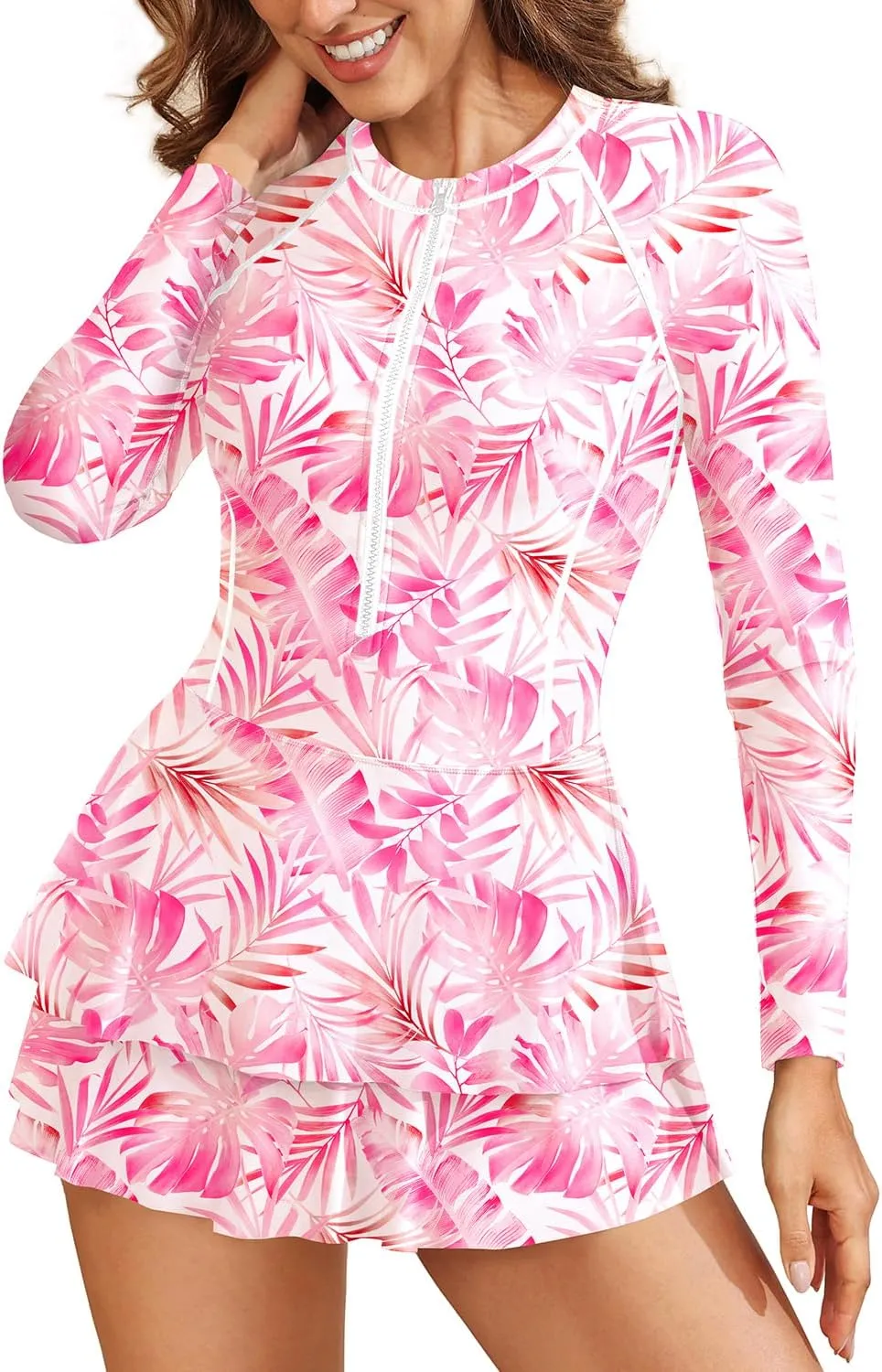 Daci Women Long Sleeve One Piece Rash Guard Modest Swimsuits Dress Zipper Bathing Suit Skirt with Short UPF 50 