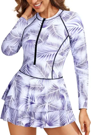 Daci Women Long Sleeve One Piece Rash Guard Modest Swimsuits Dress Zipper Bathing Suit Skirt with Short UPF 50 