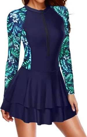 Daci Women Long Sleeve One Piece Rash Guard Modest Swimsuits Dress Zipper Bathing Suit Skirt with Short UPF 50 