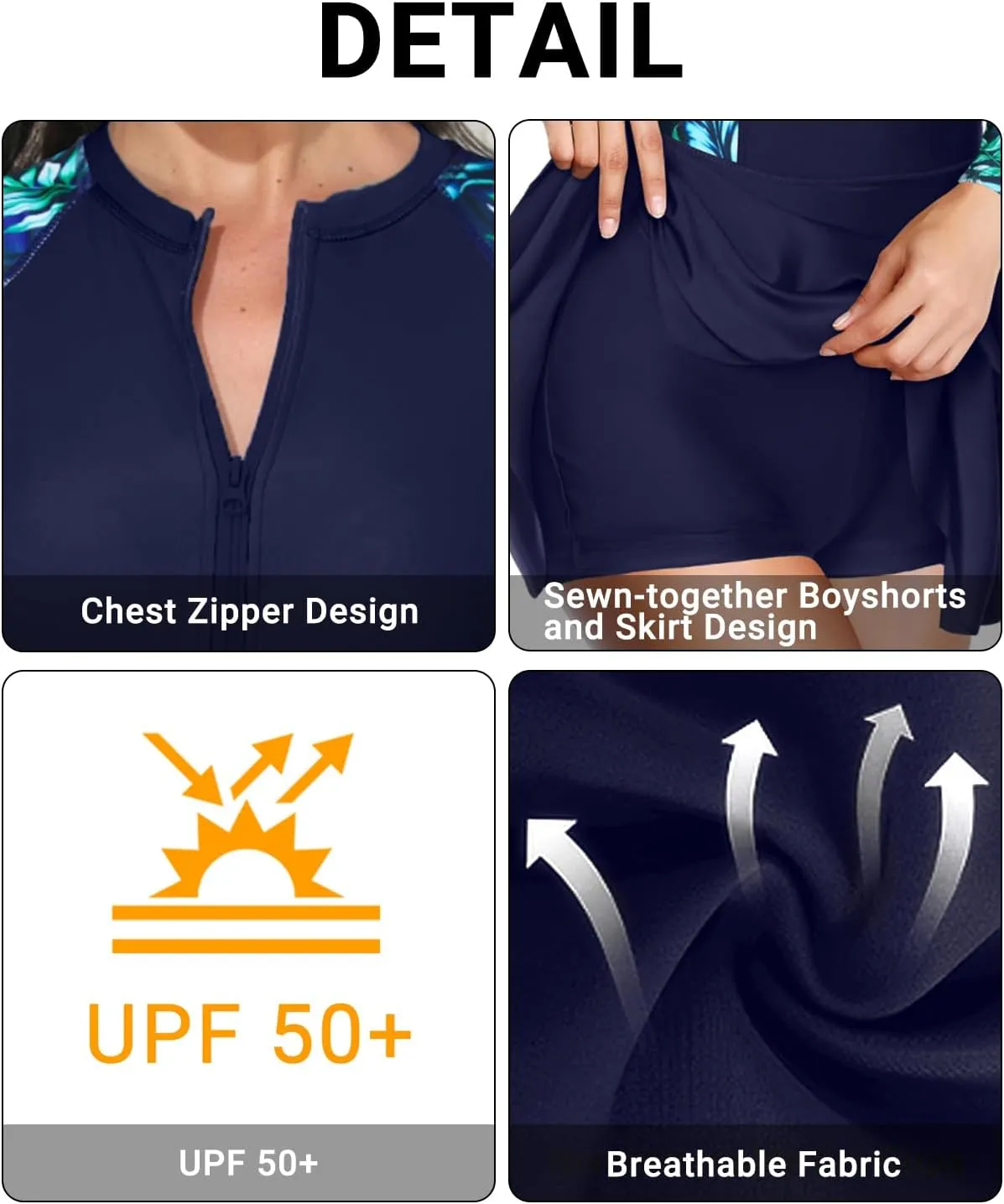 Daci Women Long Sleeve One Piece Rash Guard Modest Swimsuits Dress Zipper Bathing Suit Skirt with Short UPF 50 