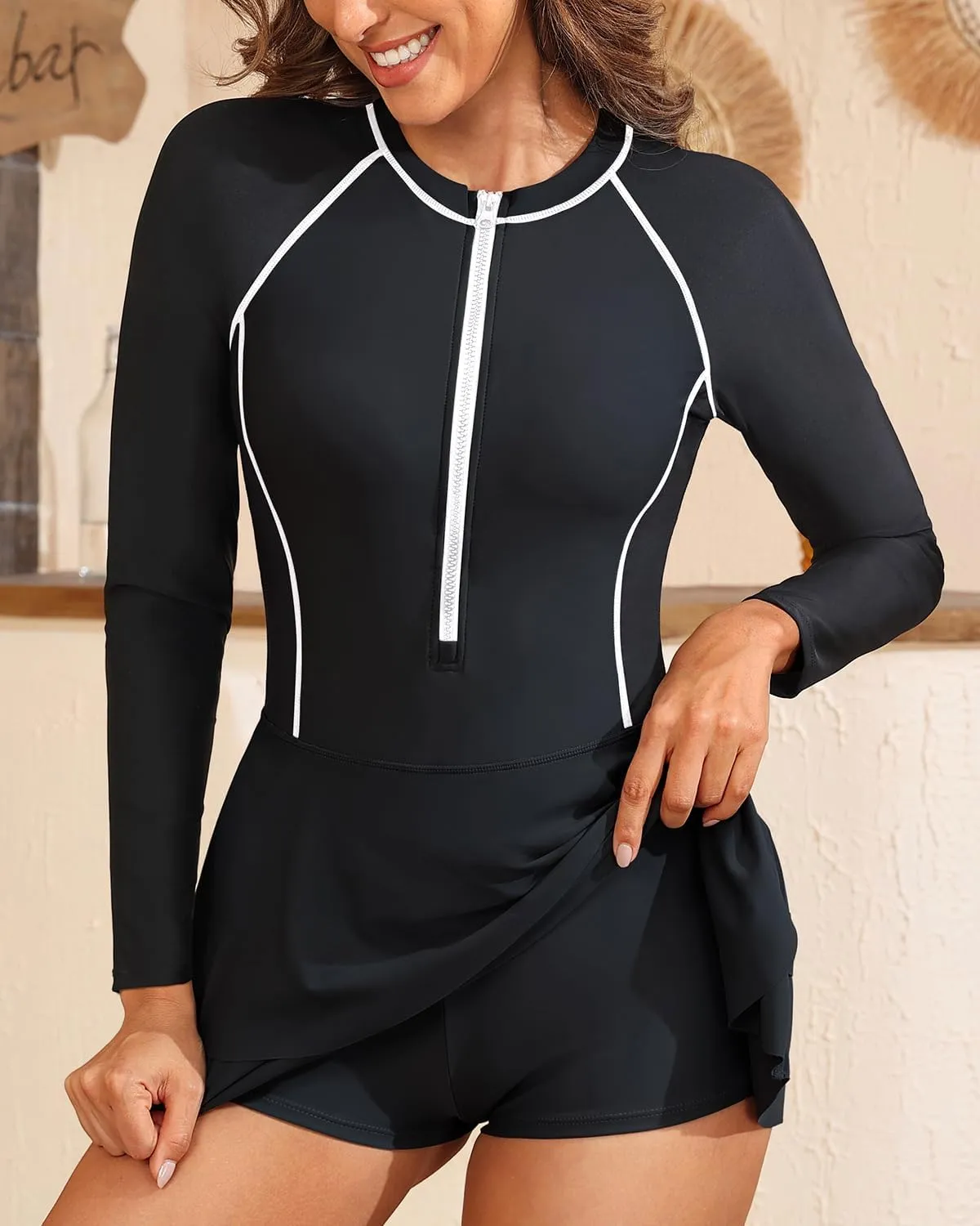 Daci Women Long Sleeve One Piece Rash Guard Modest Swimsuits Dress Zipper Bathing Suit Skirt with Short UPF 50 