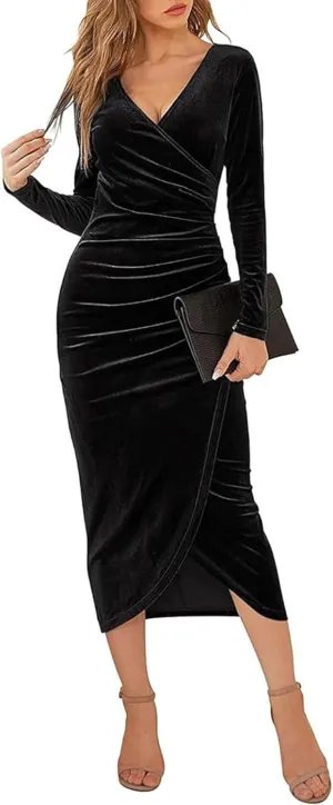 ECDAHICC Women's Elegant Velvet Midi Dress Long Sleeve Wrap V Neck Ruched Bodycon Cocktail Party Maxi Dress