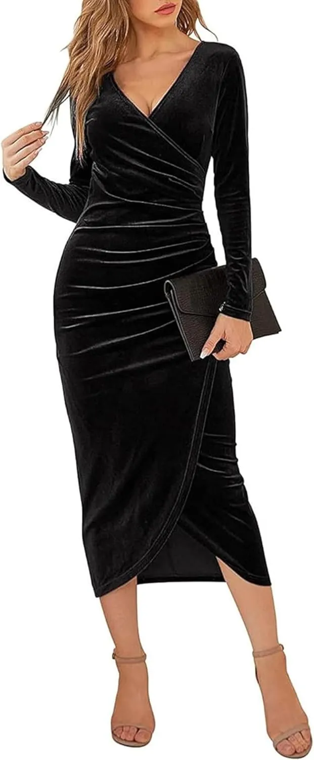 ECDAHICC Women's Elegant Velvet Midi Dress Long Sleeve Wrap V Neck Ruched Bodycon Cocktail Party Maxi Dress