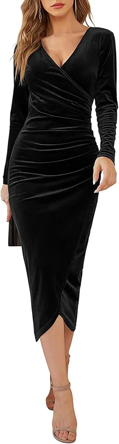ECDAHICC Women's Elegant Velvet Midi Dress Long Sleeve Wrap V Neck Ruched Bodycon Cocktail Party Maxi Dress