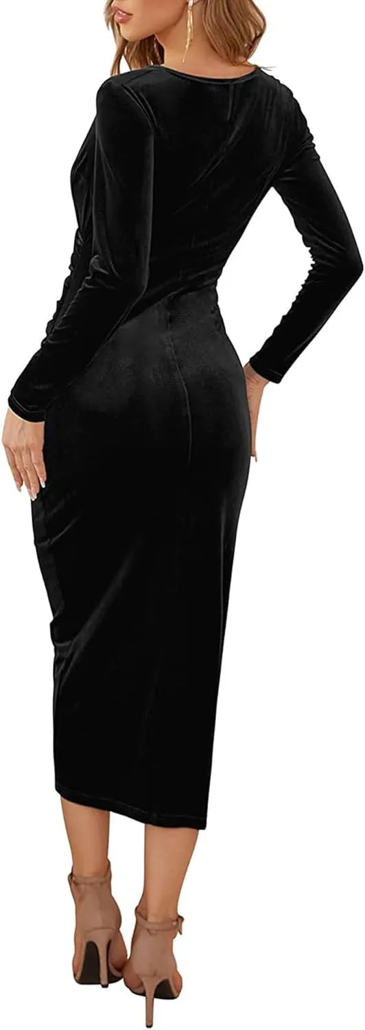 ECDAHICC Women's Elegant Velvet Midi Dress Long Sleeve Wrap V Neck Ruched Bodycon Cocktail Party Maxi Dress