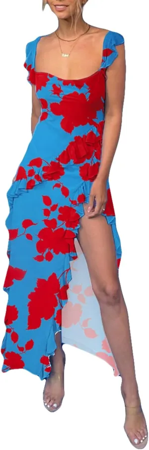 Ecirod Womens Spaghetti Strap High Slit Bodycon Maxi Dress Square Neck Backless Party Club Dresses