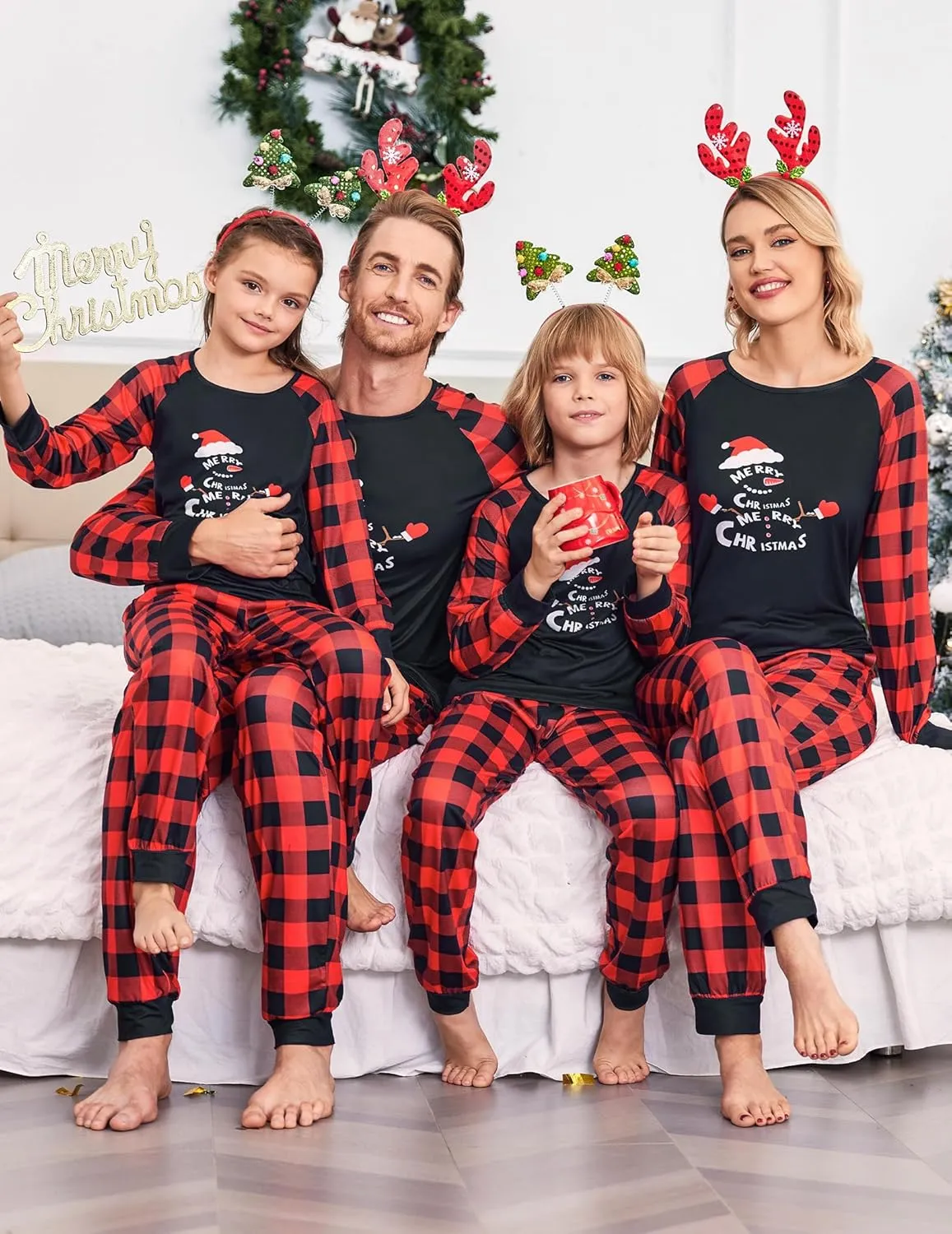 Ekouaer Christmas Pajamas for Family Long Sleeve Pjs Matching Sets with Plaid Pants Soft Sleepwear Loungewear