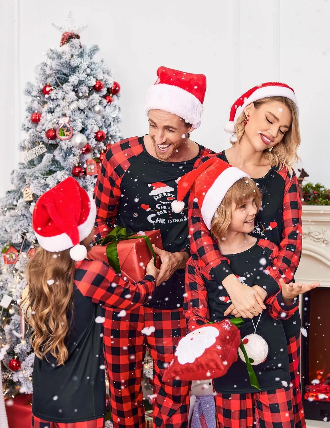 Ekouaer Christmas Pajamas for Family Long Sleeve Pjs Matching Sets with Plaid Pants Soft Sleepwear Loungewear