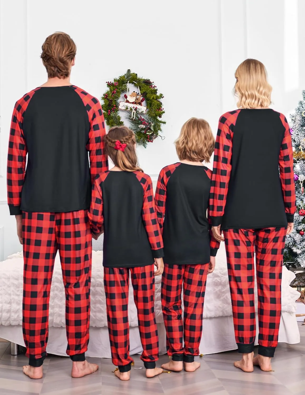 Ekouaer Christmas Pajamas for Family Long Sleeve Pjs Matching Sets with Plaid Pants Soft Sleepwear Loungewear