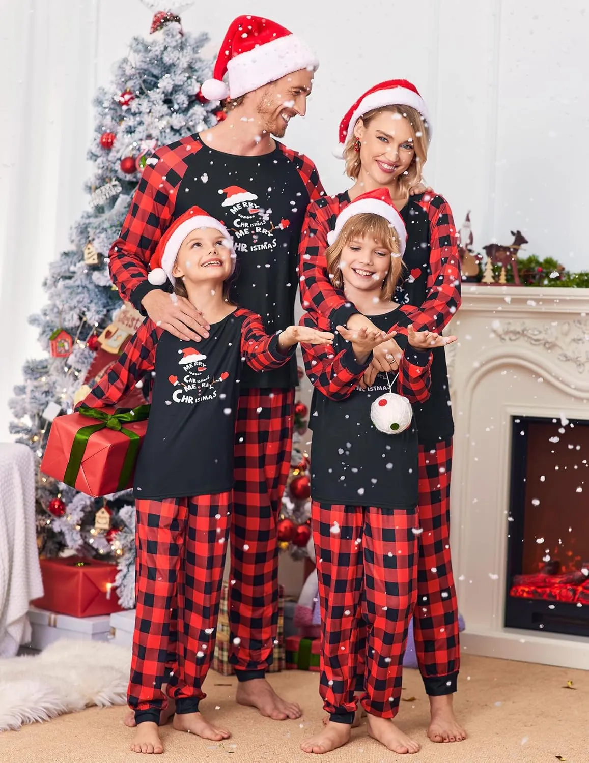 Ekouaer Christmas Pajamas for Family Long Sleeve Pjs Matching Sets with Plaid Pants Soft Sleepwear Loungewear