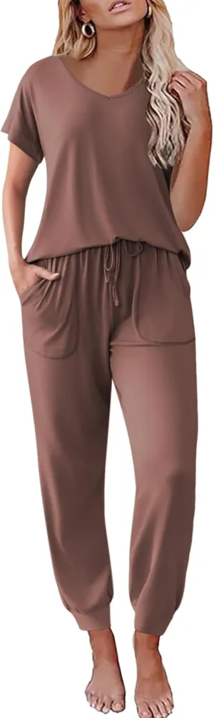 Ekouaer Pajama Sets for Women 2 Piece Lounge Sets Short Sleeve Pullover Top and Jogger Pants Pjs Sleepwear Tracksuit S-XXL