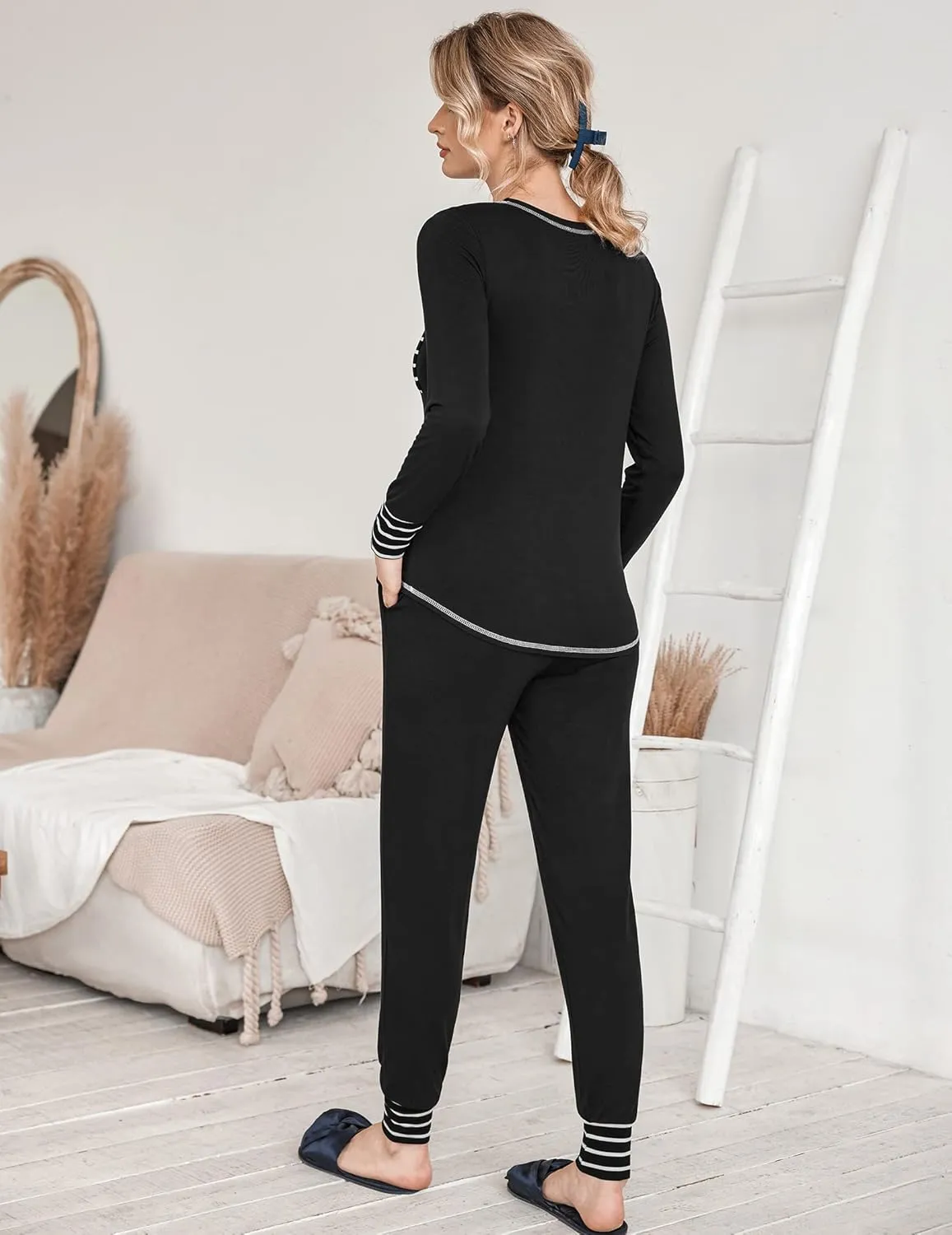 Ekouaer Pajamas Women's Long Sleeve Pj Set Soft 2 Piece Loungewear Sleepwear with Jogger Pants XS-3XL