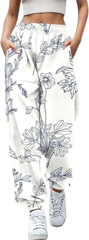 Elastic High Waisted Pants Womens Drawstring Straight Leg Trousers with Pockets Flower Print Pants Bunched Feet Pants