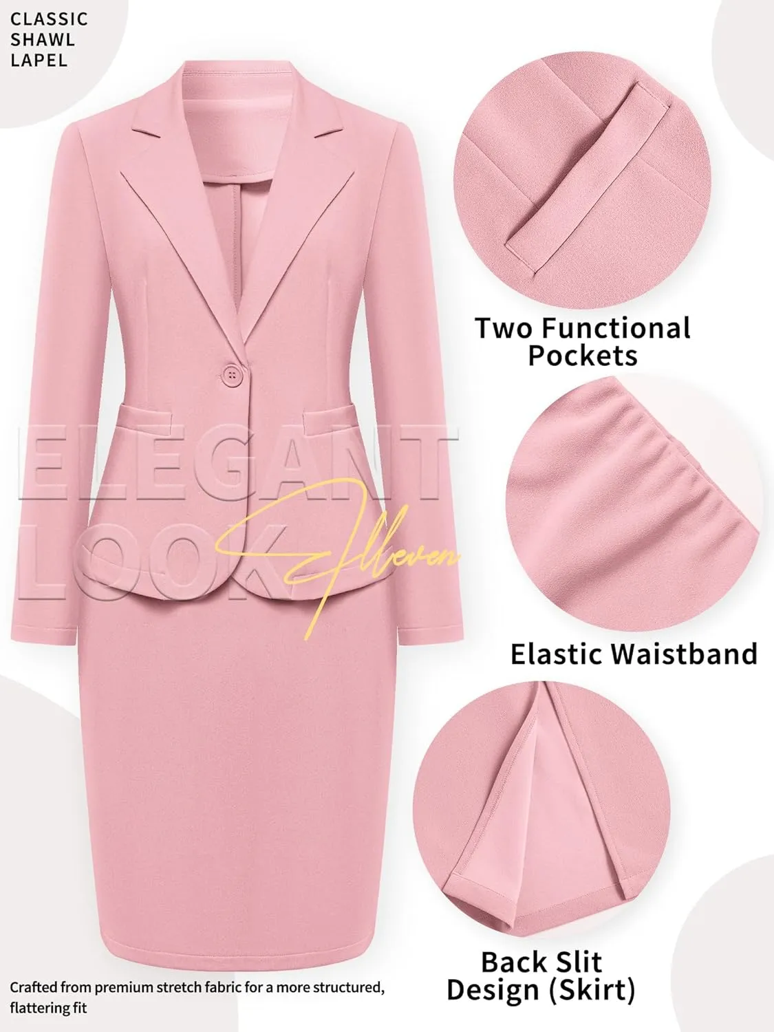 ELLEVEN Women's 2 Piece Suit Skirt Set Business Casual, Long Sleeve Knit Blazer & Pencil Skirt