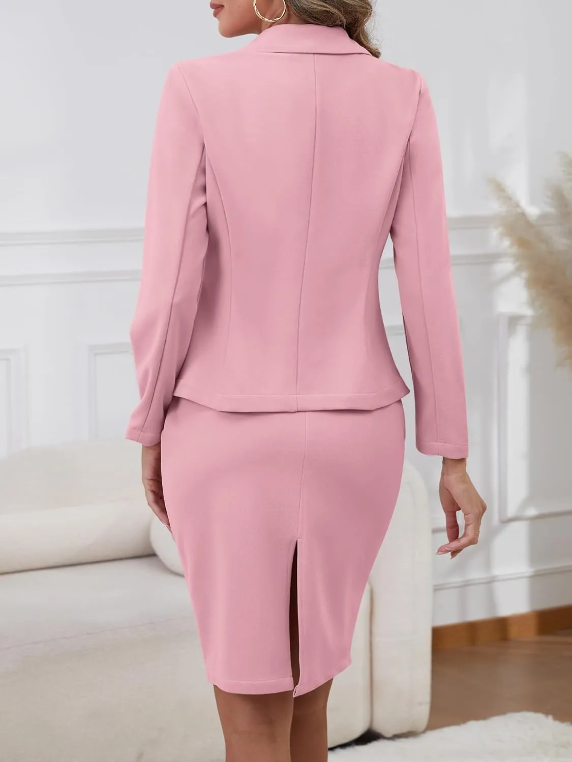 ELLEVEN Women's 2 Piece Suit Skirt Set Business Casual, Long Sleeve Knit Blazer & Pencil Skirt