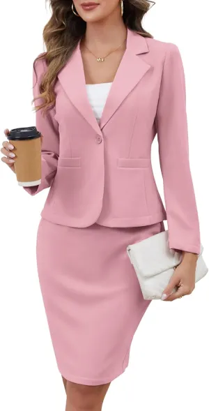 ELLEVEN Women's 2 Piece Suit Skirt Set Business Casual, Long Sleeve Knit Blazer & Pencil Skirt