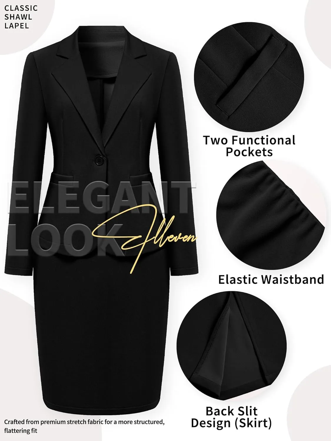 ELLEVEN Women's 2 Piece Suit Skirt Set Business Casual, Long Sleeve Knit Blazer & Pencil Skirt