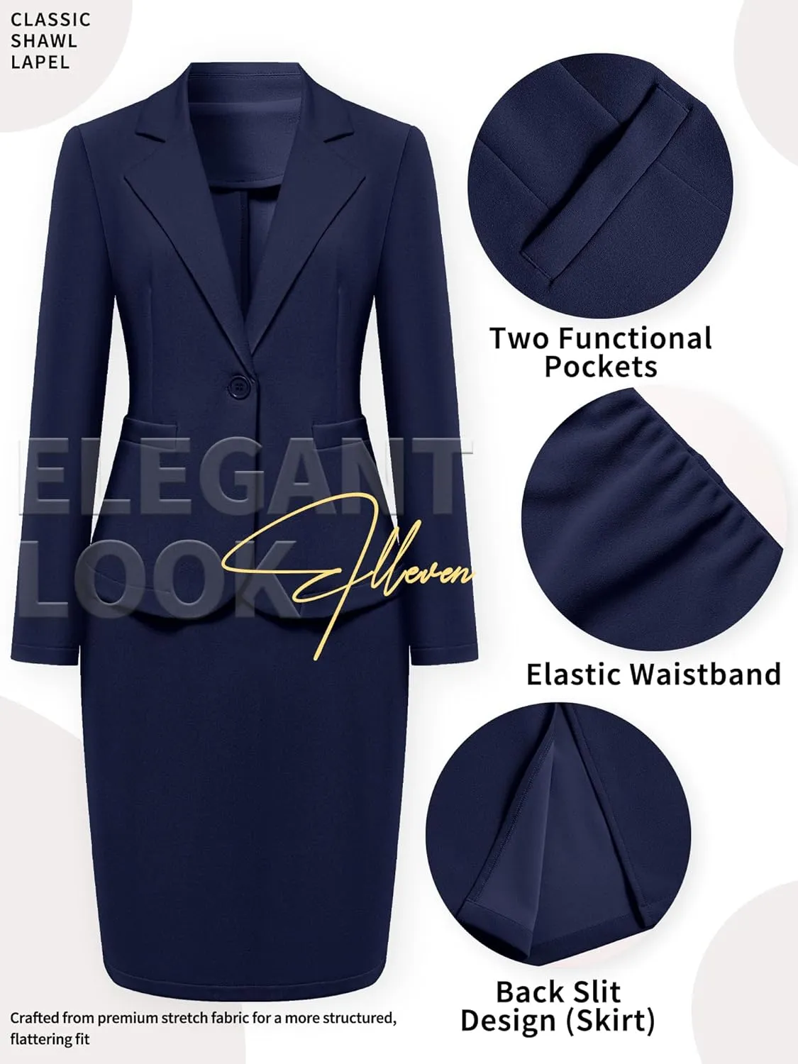 ELLEVEN Women's 2 Piece Suit Skirt Set Business Casual, Long Sleeve Knit Blazer & Pencil Skirt