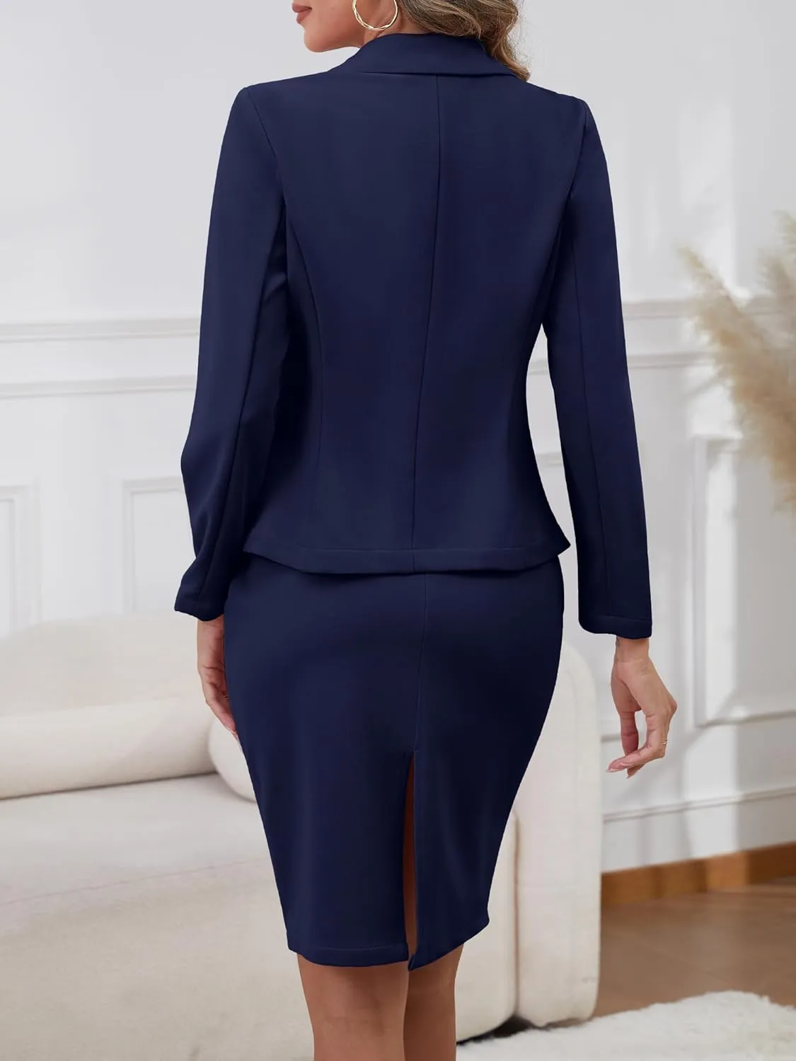 ELLEVEN Women's 2 Piece Suit Skirt Set Business Casual, Long Sleeve Knit Blazer & Pencil Skirt