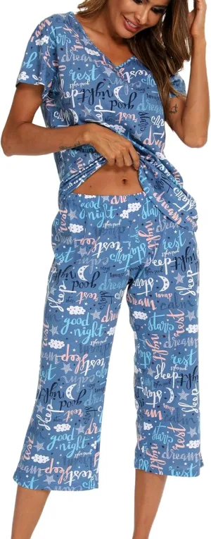 ENJOYNIGHT Womens Pajama Sets Cotton Summer Pjs Tops with Capri Pants Sleepwear