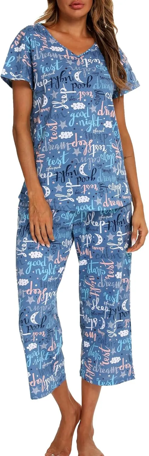 ENJOYNIGHT Womens Pajama Sets Cotton Summer Pjs Tops with Capri Pants Sleepwear