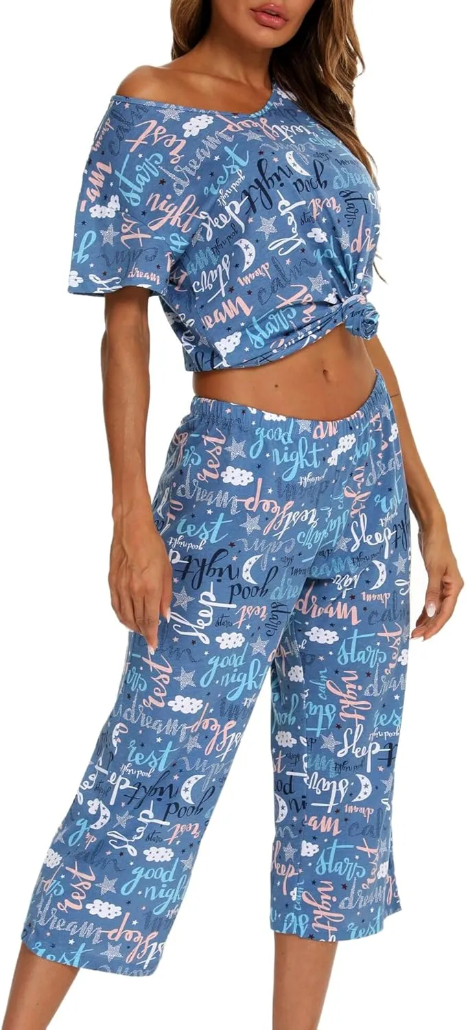 ENJOYNIGHT Womens Pajama Sets Cotton Summer Pjs Tops with Capri Pants Sleepwear