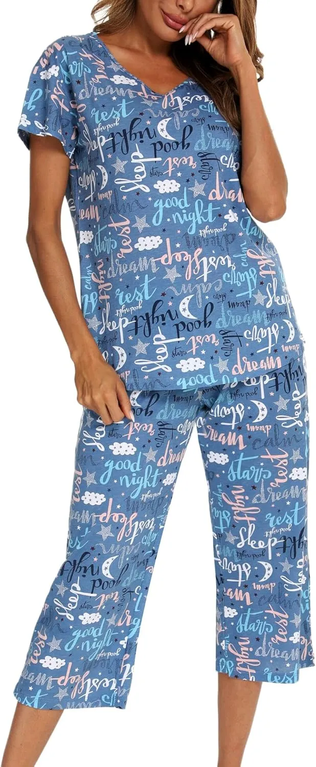 ENJOYNIGHT Womens Pajama Sets Cotton Summer Pjs Tops with Capri Pants Sleepwear