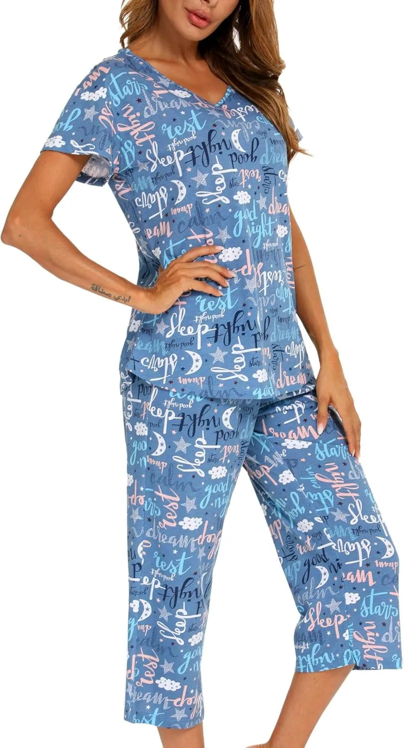 ENJOYNIGHT Womens Pajama Sets Cotton Summer Pjs Tops with Capri Pants Sleepwear