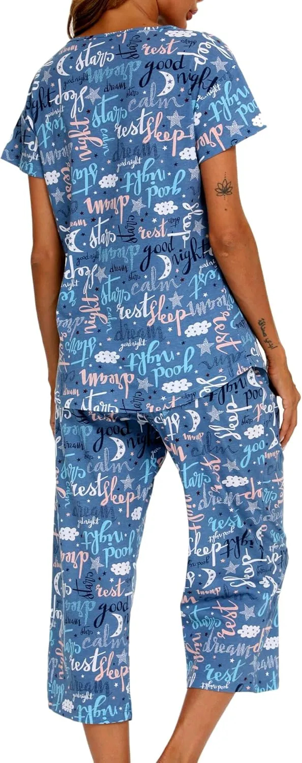 ENJOYNIGHT Womens Pajama Sets Cotton Summer Pjs Tops with Capri Pants Sleepwear